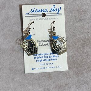 Sienna Sky Blue and Antiqued Gold Birdcage & Black Cat Earrings 🐈‍⬛